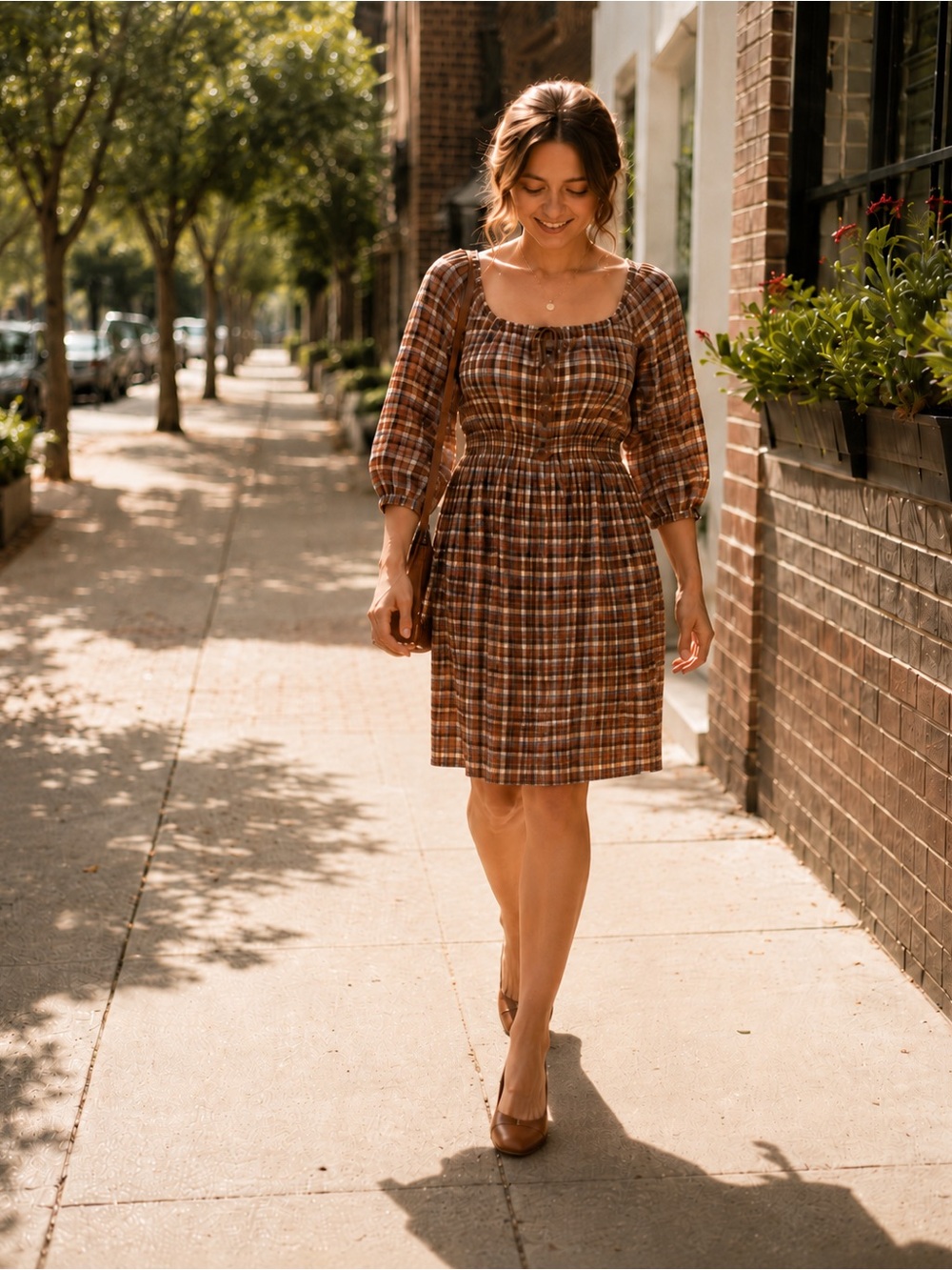 Madewell Brown Plaid Long Sleeve Peasant Dress - Picture 1 of 7